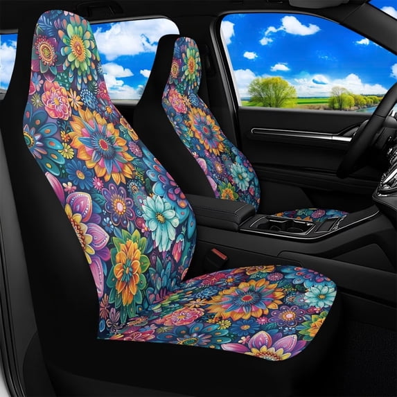 Uorisanigo Hippie Flower Car Seat Covers Elastic Fabrics Waterproof Car Seat Cover Easy to Install Auto Interior Accessories 2 Pcs Set for SUV, Vans,Sedan,Truck