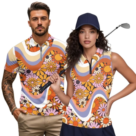 Uorisanigo Hippie Flower Matching Couple Outfits Mens Golf Shirts Short Sleeve Casual Workout Cool Tops and Ladies Golf Shirts Golf Shirts for Women Slim Fit Sleeveless Sports Shirts