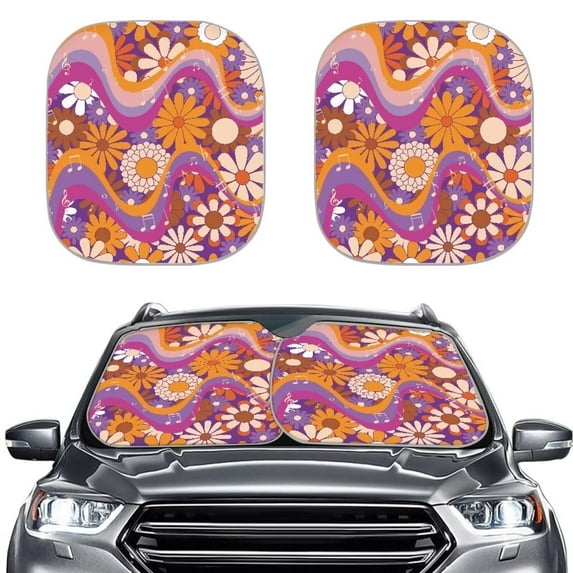 Uorisanigo Hippie Flower Power Universal Car Sun Shade Easy to Install 2 Piece Sun Visors for Women Interior Decor Sunlight Blocker Reflective Sun Visor Reflecting for Most Cars