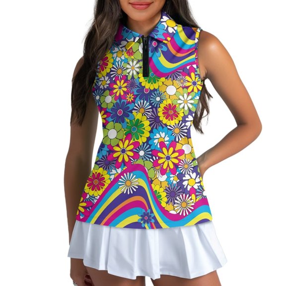 Uorisanigo Hippie Flowers Women's Dry-Fit Golf Shirts Versatile Quarter Zip Women's Sleeveless Golf Tennis Shirts Colorful Breathable Comfortable Workout Tank Tops
