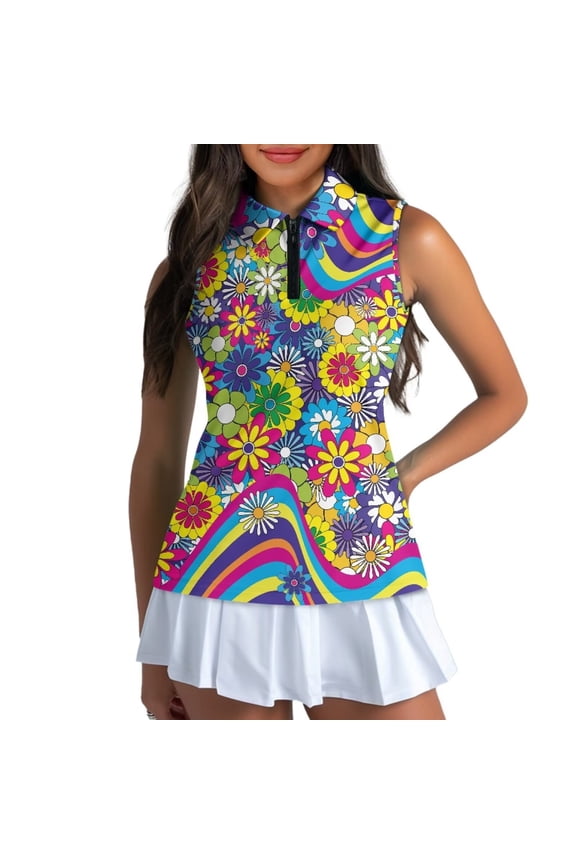 Hippie Flowers Women's Dry-Fit Golf Shirts Versatile Quarter Zip Women's Sleeveless Golf Tennis Shirts Colorful Breathable Comfortable Workout Tank Tops