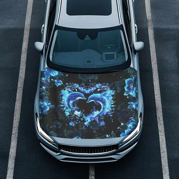 Uorisanigo Hood Cover Blue Heart Dolphin Flower Elastic Snow Car Cover for Car Easy Installation Universal Hood Covers Car Hood Cover Decoration and Protection Soft Decoration