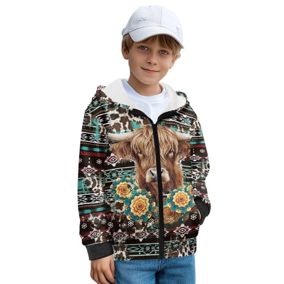 Uorisanigo Hooded Sweatshirt Fashion Zipper Hoodie Fluffy Sweatshirt for Boys and Girls Tribal Aztec Highland Cow Long Sleeve Shirt Top Kids Athletic Hoodie Trendy Clothes Outfits
