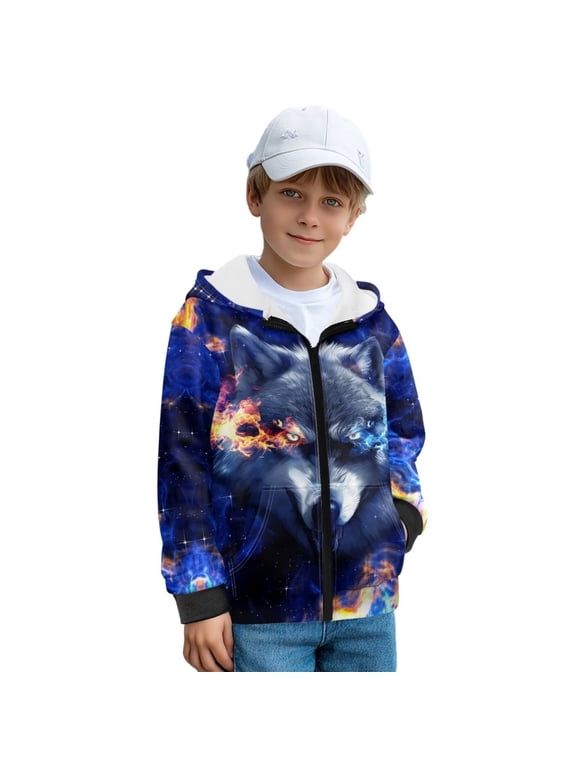Hoodies Kids Full Zip Hooded Sweatshirt Blue Fire Wolf Velvet Lining Casual Long Sleeve Hooded Jacket School Birthday Party Christmas Fall Winter Clothes