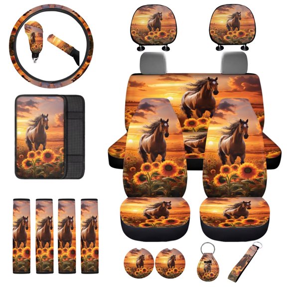 Uorisanigo Horse Sunflower Car Seat Cover Seat Protector 18 PCS Steering Wheel Protector Seatbelt Pad Center Console Pads Gear Shift & Handbrake Cover  Headrest  Cup Coasters Keychain Keyrings