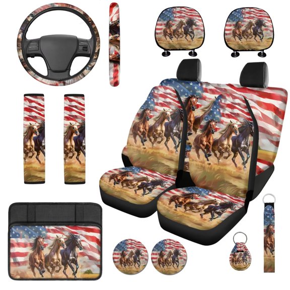 Uorisanigo Horses American Flag 14 Pack Cars Accessories Set with Auto Seat Covers and Steering Wheel Cover and Auto Headrest Cover Car Console Cover Seat Belt Pads Keychain Fit for Car SUV