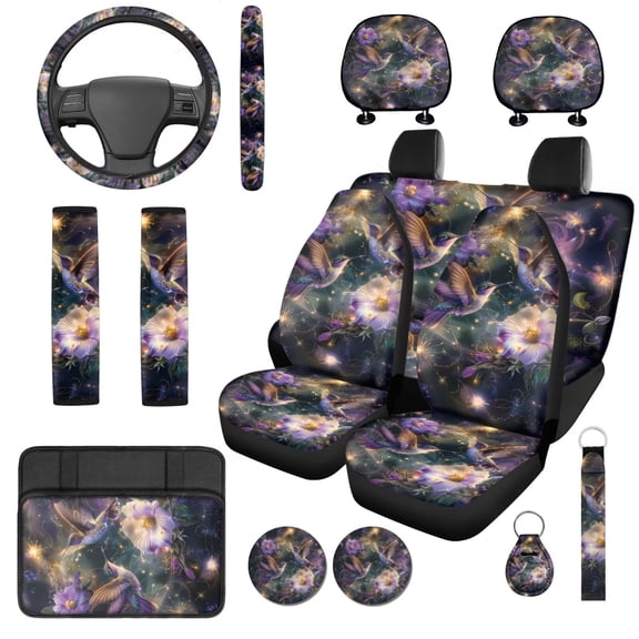Uorisanigo Hummingbird Floral Car Seat Covers Full Set 14 Pcs with Auto Steering Wheel Cover and Cars Headrest Cover Water Cup Pad Cars Seat Belt Cover Keychain Soft Suitable for Car SUV