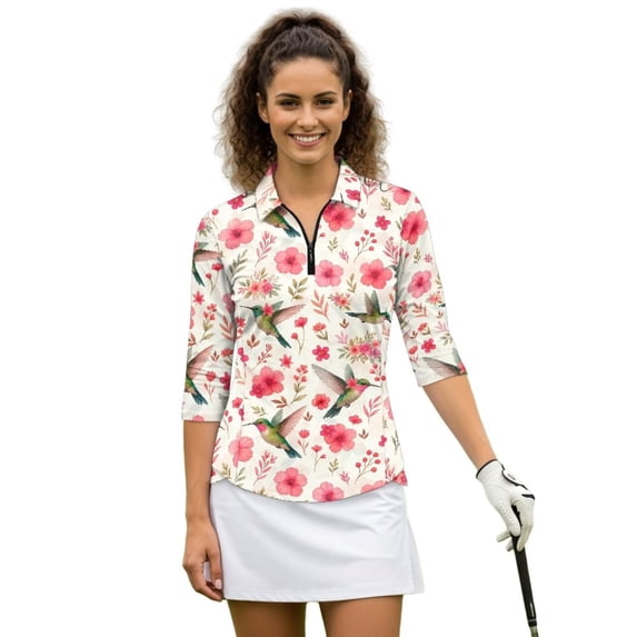 Uorisanigo Hummingbird Flower Women's Golf Top Breathable Polyester Spandex Fabric Moisture Wicking Tennis Activewear Soft Stylish Outing Wear with Zipper 3/4 Roll Sleeve Size 2XL