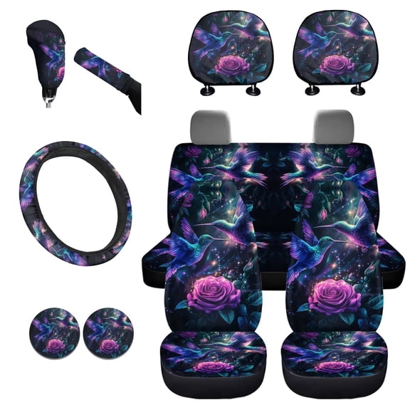 Uorisanigo Hummingbird Purple Rose Auto Front and Rear Cushion Covers Water Coaster Gear Lever Cover+Hand Brake CoverSteering Wheel Cover Pillowcase for Cars Easy to Install 11 PCS