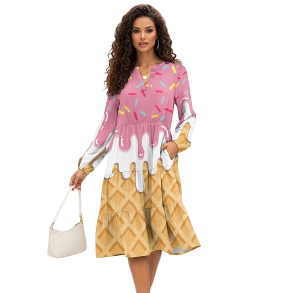 Uorisanigo Ice Cream Women's Midi Dress Work Long Sleeve V Neck Flowy Midi Dress Cozy Comfortable Soft Fashion Clothing, Size XL
