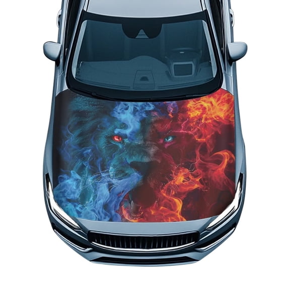 Uorisanigo Ice Fire Lion Car Hood Cover Weatherproof Car Hood Cover Protector Universal Covers Fit for All Seasons Protection Custom Fit for Cars Trucks SUVs, Easy Installation