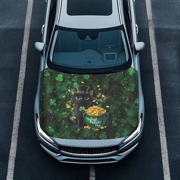 Uorisanigo Jar of Gold Coin Black Cat Clover Hood Covers Fashion Car Hood Protector Cover Breathable Car Hood Cover Protector Suitable Most Automotive Pickup Sedans Trucks SUVs