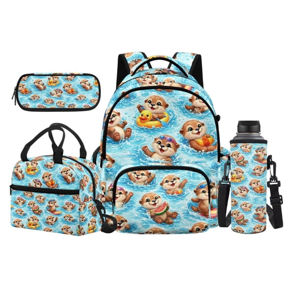 Uorisanigo Kawaii Otter School Backpack 4-Piece for Boys, Large Capacity Bookbag with Insulated Lunch Box, Water Bottle Bag and Pencil Holder, Breathable and Lightweight for Sports