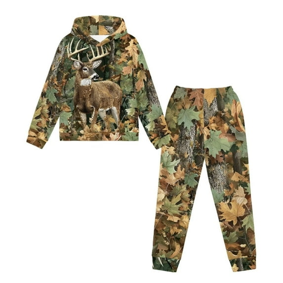 Uorisanigo Kid Boy Girl Outfit Pullover Hoodie and Sweatpants Fashion Camo Hunting Deer Forest Tracksuit Set Casual Clothes, Graphic Printed Kids Youth Matching Set of 2