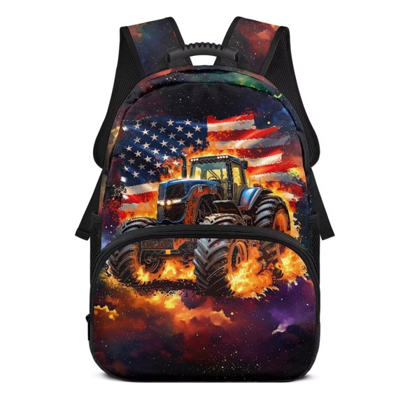 Uorisanigo Kids Backpack for Girls Boys, 17 Inch Casual Daypack with Adjustable Padded Straps, Multifunctional for School, Camps, Travel and Sports Fire Tractor American Flag