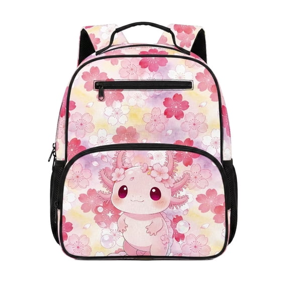Uorisanigo Kids Backpack for Girls Large Capacity Elementary School Backpack Lightweight Casual Daypack with Side Pocket for Travel Pink Cherry Blossom Axolotl