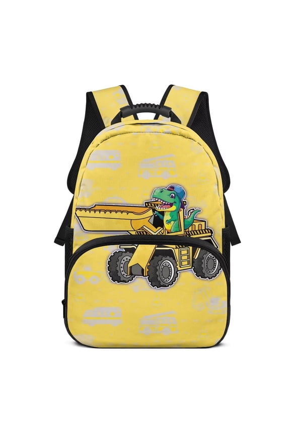 Kids Backpack Lightweight Breathable 17 Inch Yellow Truck Dinosaur School Bag for Kindergarten Children 6-12, Perfect for Back to School and Travel