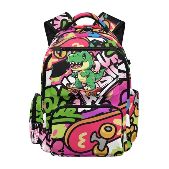 Uorisanigo Kids Backpack for School, Lightweight Durable Teens Bookbag for Elementary Preschool, Large Capacity Daypack with Side Pocket for Vacation Neon Graffiti Dinosaur