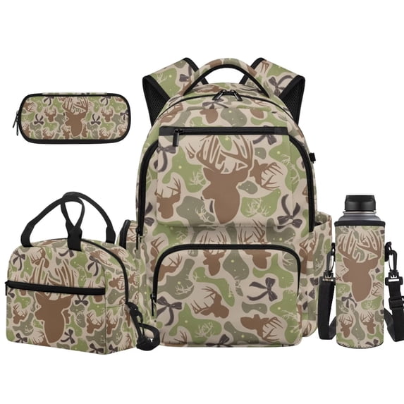 Uorisanigo Kids Backpack Set of 4 for Elementary, Breathable Deer Camo Bow Daypack with Side Water Bottle Pocket, Insulated Lunch Box and Pencil Holder, Great for Daily Use