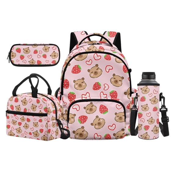 Uorisanigo Kids Backpack Set for Camping and Travel Lightweight Schoolbag with Insulated Lunch Box Water Holder Bag and Pencil Pouch 4 in 1 Pink Strawberry Bear Print