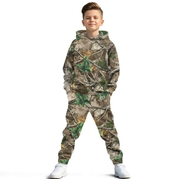 Uorisanigo Kids Camo Hunting Sweatsuit Set 2PCS Long Sleeve Sweatshirt & Pants Set for Boys Girls Activewear Fall Winter Outfit, Pullover Hoodie and Jogger Sweatpants