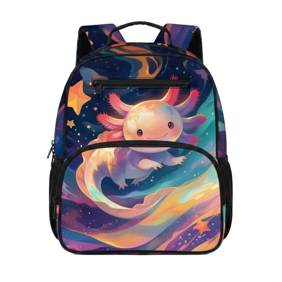 Uorisanigo Kids Children School Backpack for Ages 5-9, Rainbow Axolotl Galaxy Small Breathable Daypack with Side Pocket, Durable Preschool Backpack for Outdoor