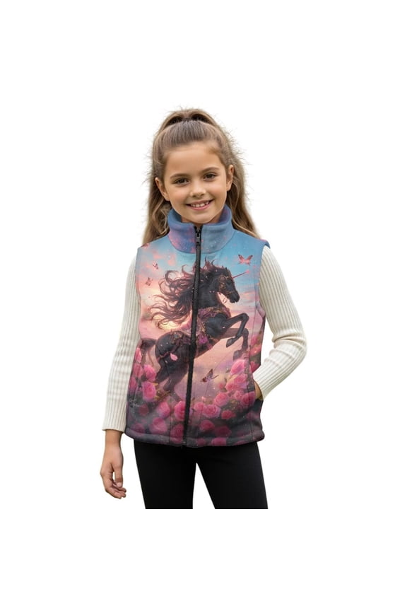 Kids Fleece Vest Jacket Boys Full-Zip Pink Rose Horse Vest Girls Sleeveless Stand Collar Jacket for Fall Winter Spring, Soft Puffy Outwear with Pockets Size 2-12