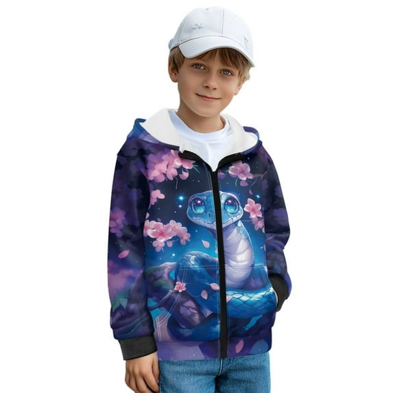 Uorisanigo Kids Full Zip Hoodie Hooded Sweatshirt with Pockets Soft Oversized Hooded Sweatshirts Fluffy Furry Warm Shirt Casual Cherry Blossom Snake Sweatshirt for Boys Girls