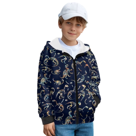 Uorisanigo Kids Full Zip-Up Hoodie Long Sleeve Hooded Sweatshirt Dinosaur Skeleton Jacket Casual Clothing Soft Plush Boys Girls Athletic Sweatshirt School Fall Winter Clothes