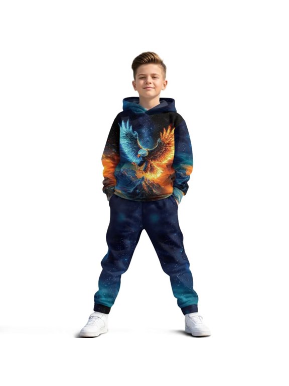 Kids Girls Boys Sweatsuit Set - 2 Piece Flame Bald Eagle Pullover Hoodies and Athletic Jogger Sweatpants Winter Kids Clothes Graphic Printed Sweatsuit