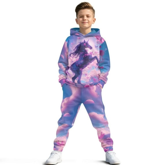 Uorisanigo Kids Girls Boys Sweatsuit Set - 2 Piece Pullover Hooded Floral Western Horse Sweatshirt and Athletic Jogger Sweatpants Kids Youth Activewear Set Clothing Sets