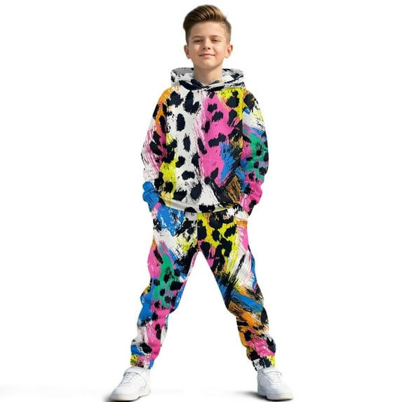 Uorisanigo Kids Girls Boys Sweatsuit Set - 2 Piece Pullover Hooded Sweatshirt and Athletic Jogger Sweatpants Kids Youth Activewear Set Clothing Sets - Colorful Leopard Print