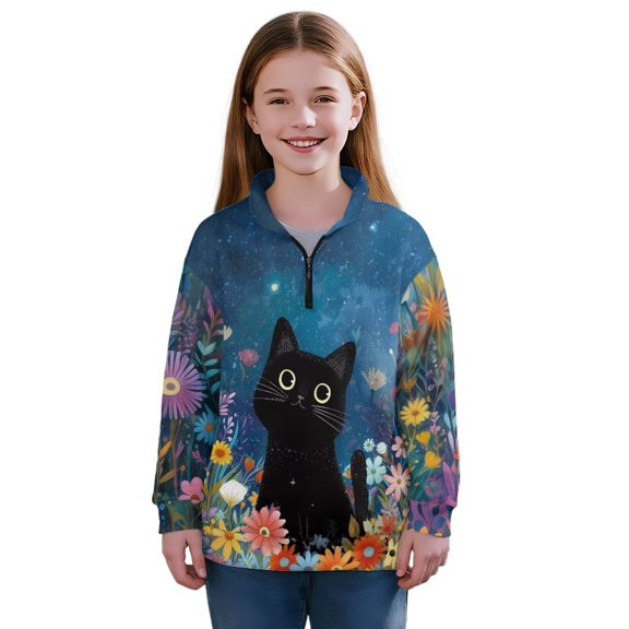 Uorisanigo Kids Girls Half Zip Pullover Sweatshirt Fall Trendy Black Cat Flowers Long Sleeve Zipper Sweatshirt Oversized Kids Cropped Pullover Hoodies Drop Shoulder Jacket Outerwear