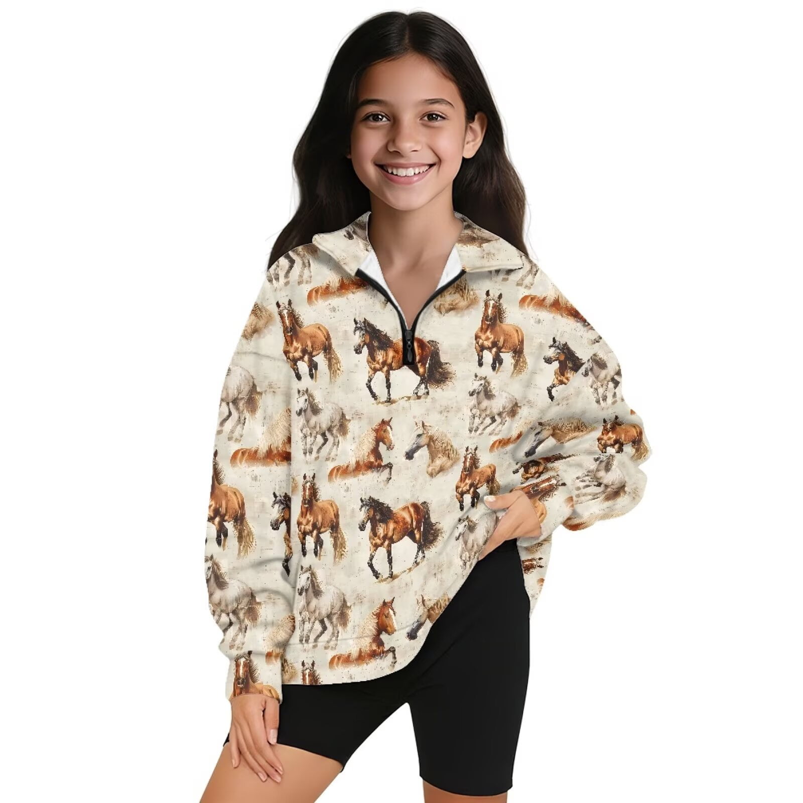 Uorisanigo Kids Girls Half Zip Pullover Sweatshirt Fall Trendy Western Horse Print Quarter Zipper Cropped Sweatshirt Loose Long Sleeve Workout Shirts Comfy Pullover Jackets