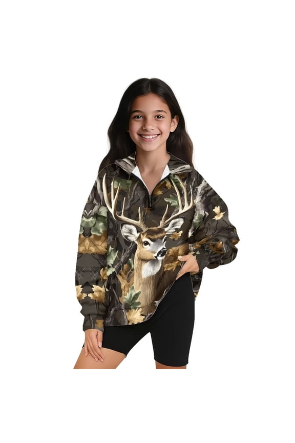 Kids Girls Sweatshirt Casual Long Sleeve Pullover Top Oversized Camo Hunting Deer Quarter Zipper Cropped Sweatshirt Teen Girl Comfy Pullover Jackets Sweaters Fall Clothes