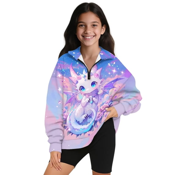 Uorisanigo Kids Girls Sweatshirt Casual Long Sleeve Pullover Top Oversized Cute Rose Dragon Quarter Zipper Cropped Sweatshirt Teen Girl School Tops Fit Vacation Shopping Exercise Wear