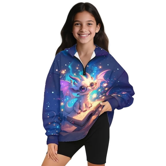 Uorisanigo Kids Girls Sweatshirt Casual Long Sleeve Pullover Top Oversized Scholar Dragon Quarter Zipper Cropped Sweatshirt Teen Girl Comfy Pullover Jackets Sweaters Fall Clothes