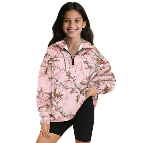Uorisanigo Kids Girls Sweatshirt Casual Pink Camo Hunting Forest Long Sleeve Pullover Crop Top Oversized Quarter-Zip Pullover Jacket for Teen Girl School Athletic Tops Fall Fashion Outfits Clothes