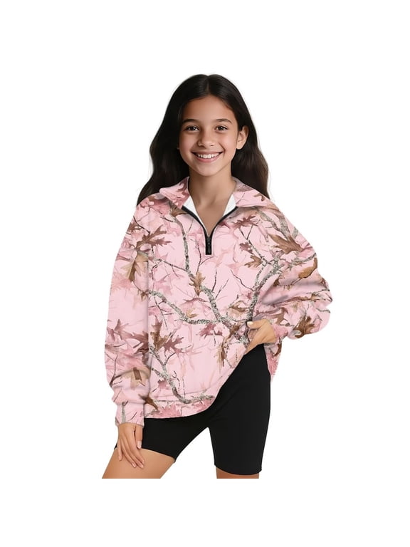 Kids Girls Sweatshirt Casual Pink Camo Hunting Forest Long Sleeve Pullover Crop Top Oversized Quarter-Zip Pullover Jacket for Teen Girl School Athletic Tops Fall Fashion Outfits Clothes