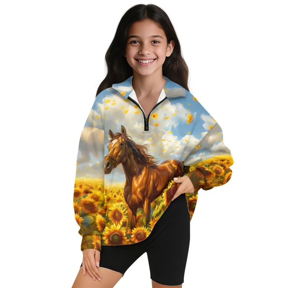 Uorisanigo Kids Girls Sweatshirt School Long Sleeve Pullover Top Oversized Sunflower Western Horse Quarter Zip Pullover Sweatshirts Casual Essentials Half Zipper Crop Tops Fall Clothes