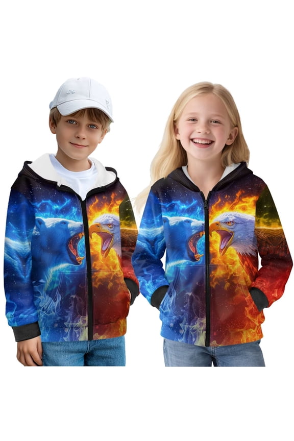 Kids Hoodie Hooded Sweatshirt Soft Long Sleeve Hooded Jacket Lightweight Zipper Ice Bear Fire Eagle Sweatshirt Coat Fashion Clothes School Party Birthday Vacation