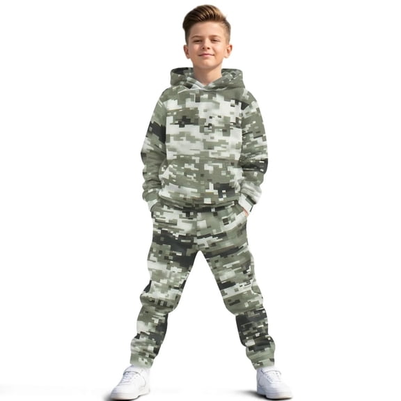 Uorisanigo Kids Long Sleeve Hoodie & Sweatpants Outfit Set of 2, Oversized Green Camo Print Pullover Hoodies Sweatshirt Suit with Pockets Kids Youth Matching Set