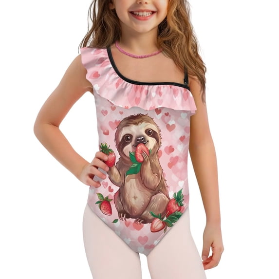 Uorisanigo Kids One Piece Bathing Suits for Girls Size 9-10 Ruffle Shoulder Athletic Practice Suit with Adjustable Strap Quick Dry Outdoor Swimming Swimwear, Koala Strawberry