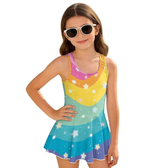 Uorisanigo Kids One Piece Swimsuit Girls Size 8-9 Back Strap Swimwear Polyester and Spandex Skirted Bathing Suit Beach Sport, Rainbow Star