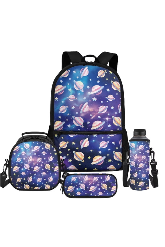Kids Starry Planet School Backpack with Insulated Lunch Bag Pencil Case Water Bottle Sleeve 4 in 1 Large Elementary Schoolbag for Middle School Elementary