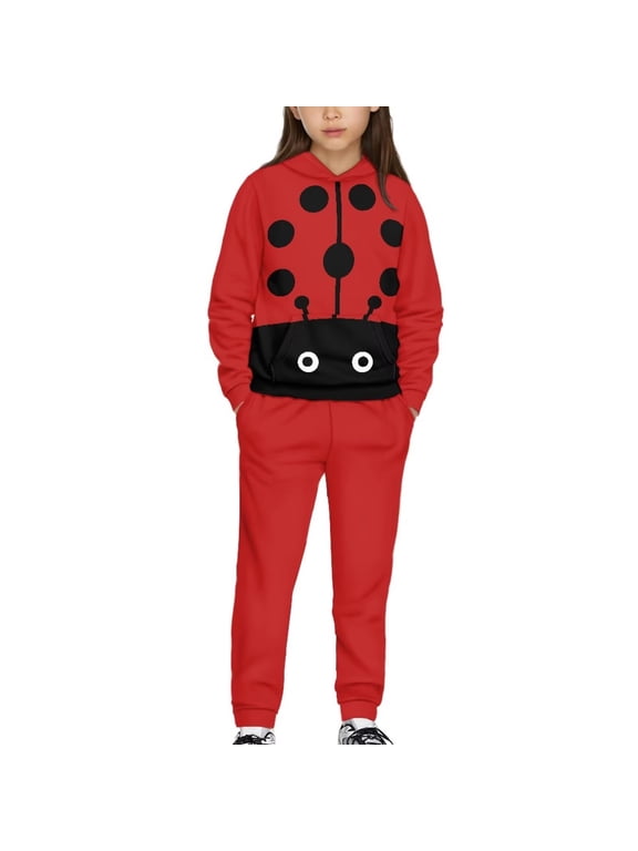 Kids Sweat Suit Set, 2-Piece Graphic Printed Big-Eyed Red Ladybug Hoodie & Sweatpants Outfit for Boys Girls, Pullover Top and Jogger Pants Outfit Casual Clothes