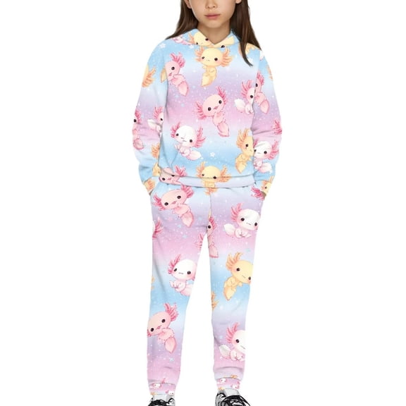 Uorisanigo Kids Sweat Suit Set, 2 Piece Soft Cozy Tracksuit Set with Kawaii Axolotl Star Pullover Hoodie & Jogger Pants for Boys Girls, Long Sleeve Hooded Sweatshirt Sets