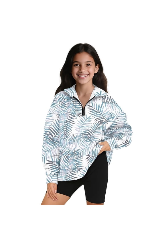 Kids Sweatshirt Quarter Zip Pullover Sweatshirts Lightweight Blue Banana Leaf Half Zip Up Hoodies with Long Sleeve, Casual Essentials Half Zipper Crop Tops Fall Clothes