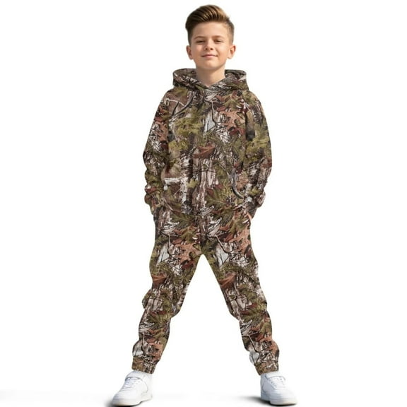 Uorisanigo Kids Sweatsuit Set 2PCS Long Sleeve Camo Hunting Print Sweatshirt & Pants Set for Boys Girls Activewear Fall Winter Outfit, Pullover Hoodie and Jogger Sweatpants
