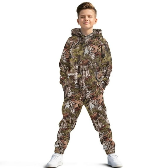 Uorisanigo Kids Sweatsuit Set 2PCS Long Sleeve Camo Hunting Print Sweatshirt & Pants Set for Boys Girls Activewear Fall Winter Outfit, Pullover Hoodie and Jogger Sweatpants